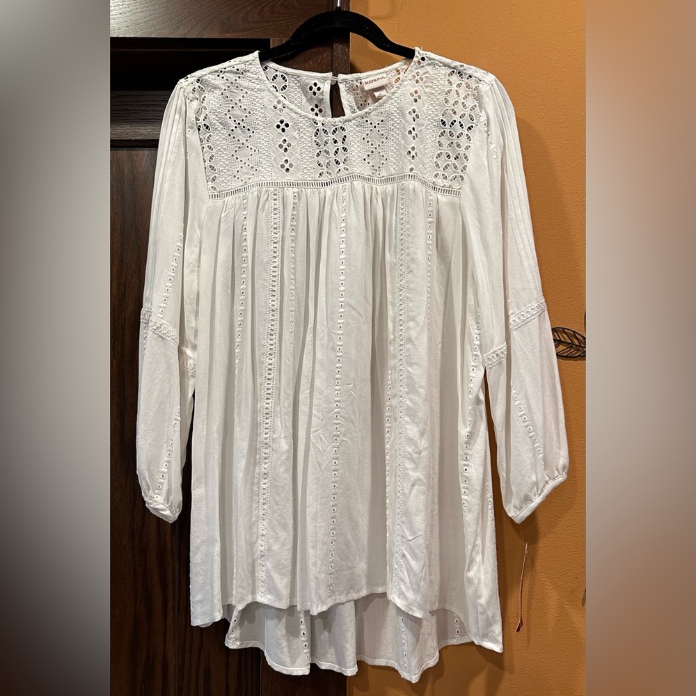 NWT Pullover White Blouse, 3/4-length Sleeve Eyelet Detail, Merona, Size L